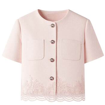 Qiushui yiren fashionable lace embroidery short jacket 2026 spring new casual short round neck top