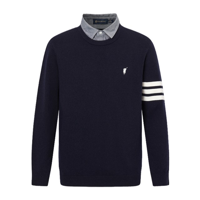 POLOWALK men's sweater 2025 autumn new fashion fake two-piece striped lapel top versatile pullover