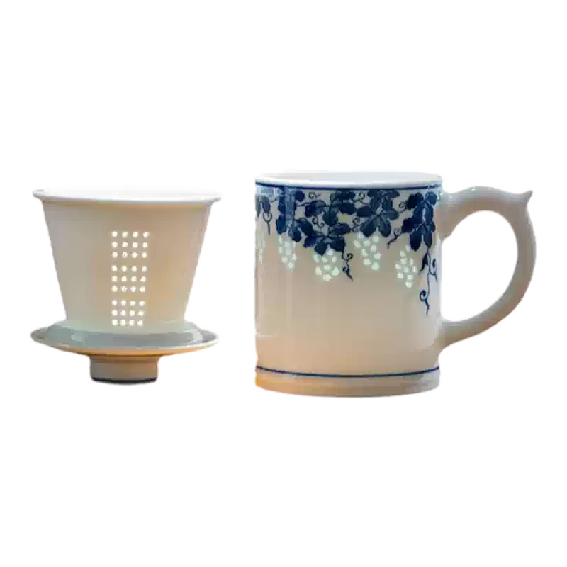 富玉陶瓷茶杯景德鎮手工青花玲瓏茶水分離杯帶蓋子大號容量