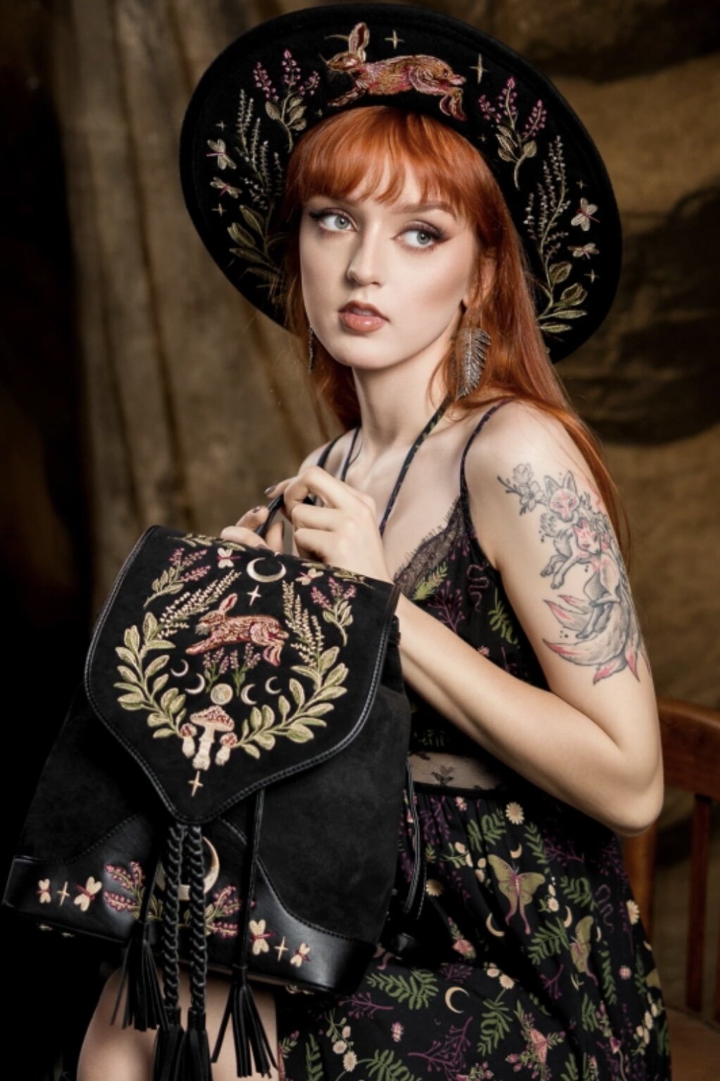 Stereoman European Restyle Official Licensed Gothic Botanical Lunar Phase Embroidery Tassel Backpack