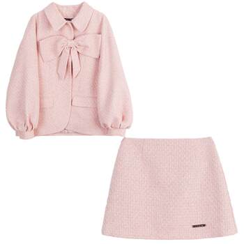 KEIKO [夹棉] 小香风蝴蝶结饰花呢外套女25早秋甜系穿搭两件套装