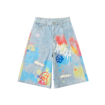 Lamlicka street graffiti imitation denim wide-leg cropped pants men's summer american retro loose straight casual pants