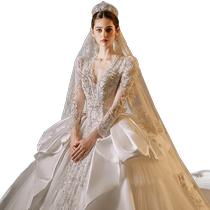odelia bride 2024 new retro high-end long-sleeved heavy industry spring and summer large tail wedding dress main veil dress