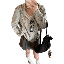 American retro floral loose sweatshirt jacket for women early autumn back to school wear mid-length hooded casual cardigan top