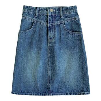 ໂສ້ງຍີ້ມ Xiao Ba pear-shaped homemade straight-leg blue denim skirt short skirt for young girls, versatile spring and summer style skirt A-line