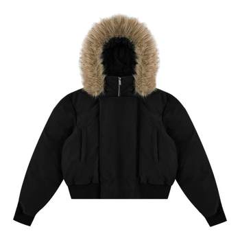 Fdr Official Store Parka with Thick Lining, Diagonal Placket, Detachable Fur Collar, Short down Jacket for Women, Winter