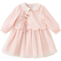 David Bella Childrens Dress 2024 Autumn New Girls Mesh Chinese Style Fake Two-piece Hanfu Skirt