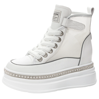 Thick sole inner height 8cm white shoes high top genuine leather