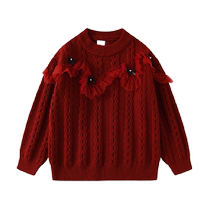 Ueki Childrens Clothes Bow Mesh Splicing New Years Eve Clothes Girls Sweater 2023 Winter Clothes New Childrens New Years Clothing Trend