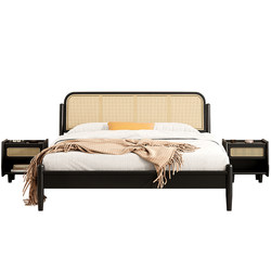 Nordic rattan bed black solid wood bed French double bed B&B wabi-sabi retro style log medieval bedroom furniture