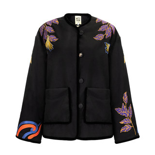 Betty私服！高定真丝羊毛重工刺绣花卉黑色棉服英伦复古长袖外套