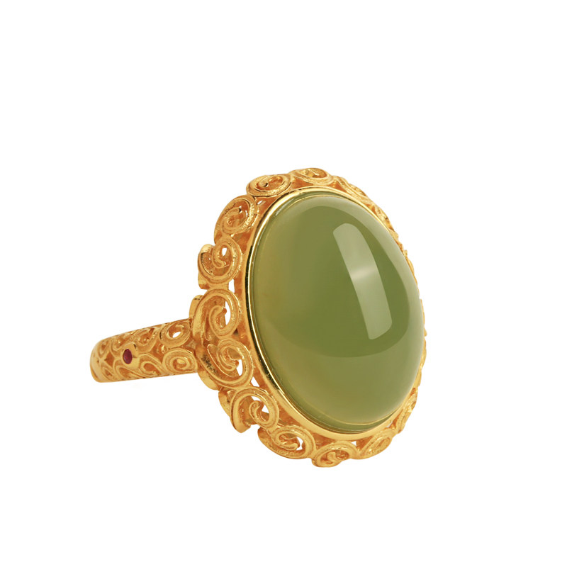 Little Silver Smith Natural Hetian Jade Ruyi Egg Noodle Silver Ring
