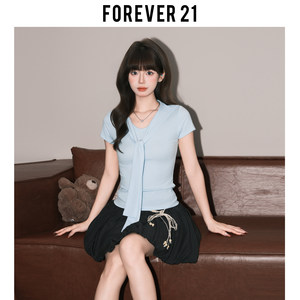 Forever21别致披肩系带浅蓝短袖T恤女超好看圆领修身正肩小衫上衣