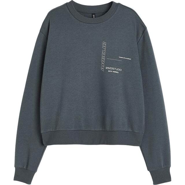 HM women's sweatshirt autumn soft and comfortable printed round neck off-shoulder gray long-sleeved short top 1172977