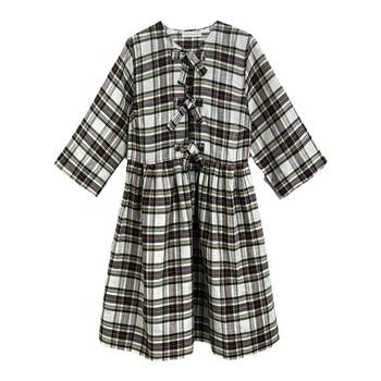 PPH Danish niche custom silk linen loose yarn-dyed plaid strap shirt+ bow dress