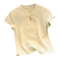 New Chinese style right shoulder Chinese style buttoned short-sleeved T-shirt for women summer high-end niche western style slim short top trendy