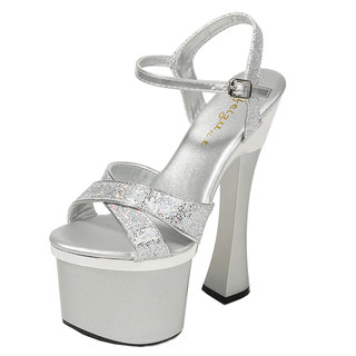 恨天高高跟鞋粗跟防水台凉鞋模特走台走秀鞋18cm女厚底水晶鞋亮片