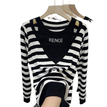 2023 early autumn new European off-shoulder fake two-piece striped sweater for women long-sleeved stylish and age-reducing thin top for women