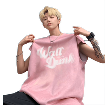 Pink heavy vest mens summer 2024 new blur letter print high street youth round neck sleeveless top