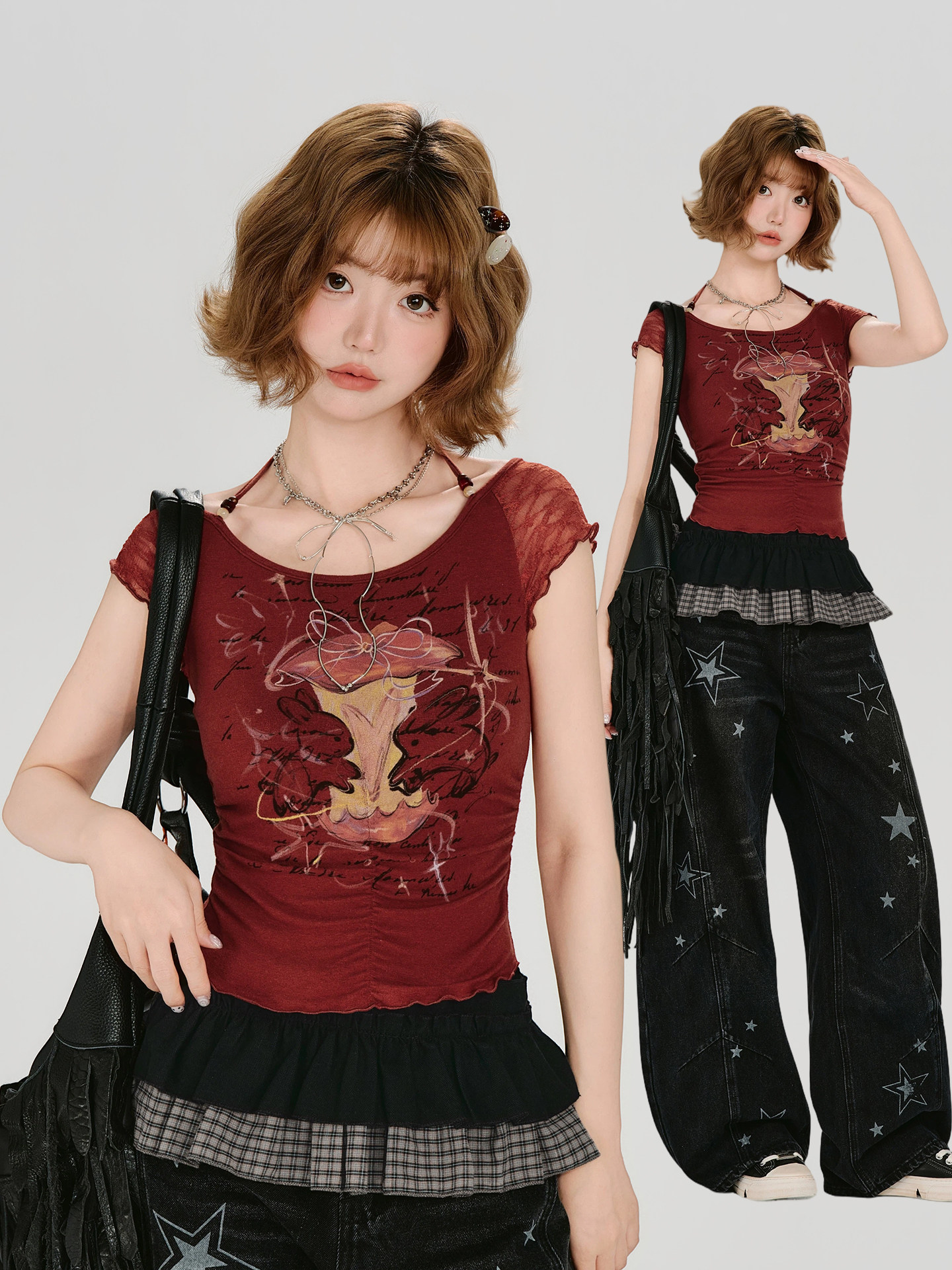 เสื้อยืดแขนสั้น คอเต่า ลายเซ็กซี่ สไตล์ย้อนยุคแบบอเมริกัน จาก Girlyhalo รุ่นใหม่สำหรับฤดูร้อน ดีไซน์จับจีบ ทรงสลิมฟิต