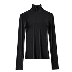 HIGHLIFE turtleneck bottoming shirt for women, European and American elegant and versatile solid color slimming high elastic threaded cotton long-sleeved T-shirt