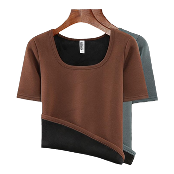 New Autumn and Winter U-Neck Slim-Fit Solid Color Fleece-Lined Thickened Warm Mid-Sleeve T-Shirt for Women as a Base Layer