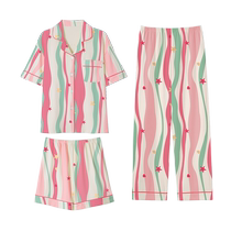 Catman pajamas for women summer with chest pads 2024 new dopamine striped short-sleeved three-piece home clothes can be worn outside