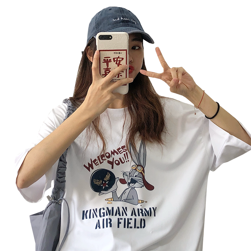 白色短袖t恤女学生韩版宽松半袖夏季新款慵懒风半袖打底衫上衣bf