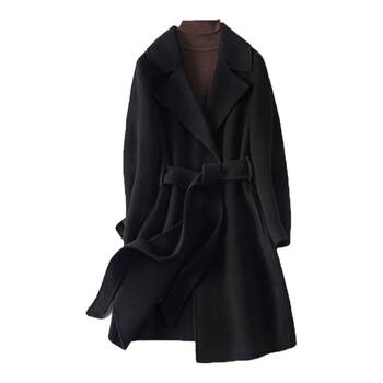 羊毛大衣女中长款黑色显瘦系带收腰双面呢新款轻奢毛呢外套小个子