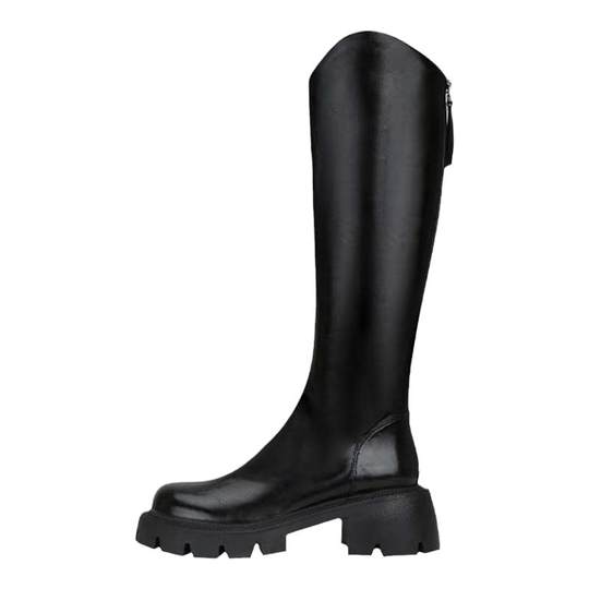 不二鞋坊 长筒靴女2025秋冬新款V口高筒小筒围粗跟长靴真皮骑士靴