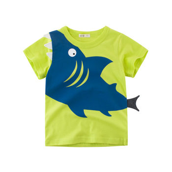 27kids boys pure cotton thin style Korean clothes 2024 summer short-sleeved T-shirt clothes cartoon shark summer clothes