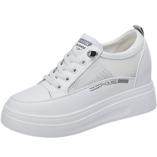 Mesh thin leather inner heightening white shoes