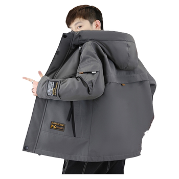 Work Jacket for Men, Autumn and Winter Style, Fleece-Lined and Thickened, Hooded Jacket, Trendy Brand Cotton Clothing for Teenagers, Outdoor Softshell Jacket