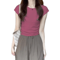 Pink ice silk short-sleeved T-shirt for women in summer thin slim-fitting shoulder T-shirt slim pleated waist knitted top