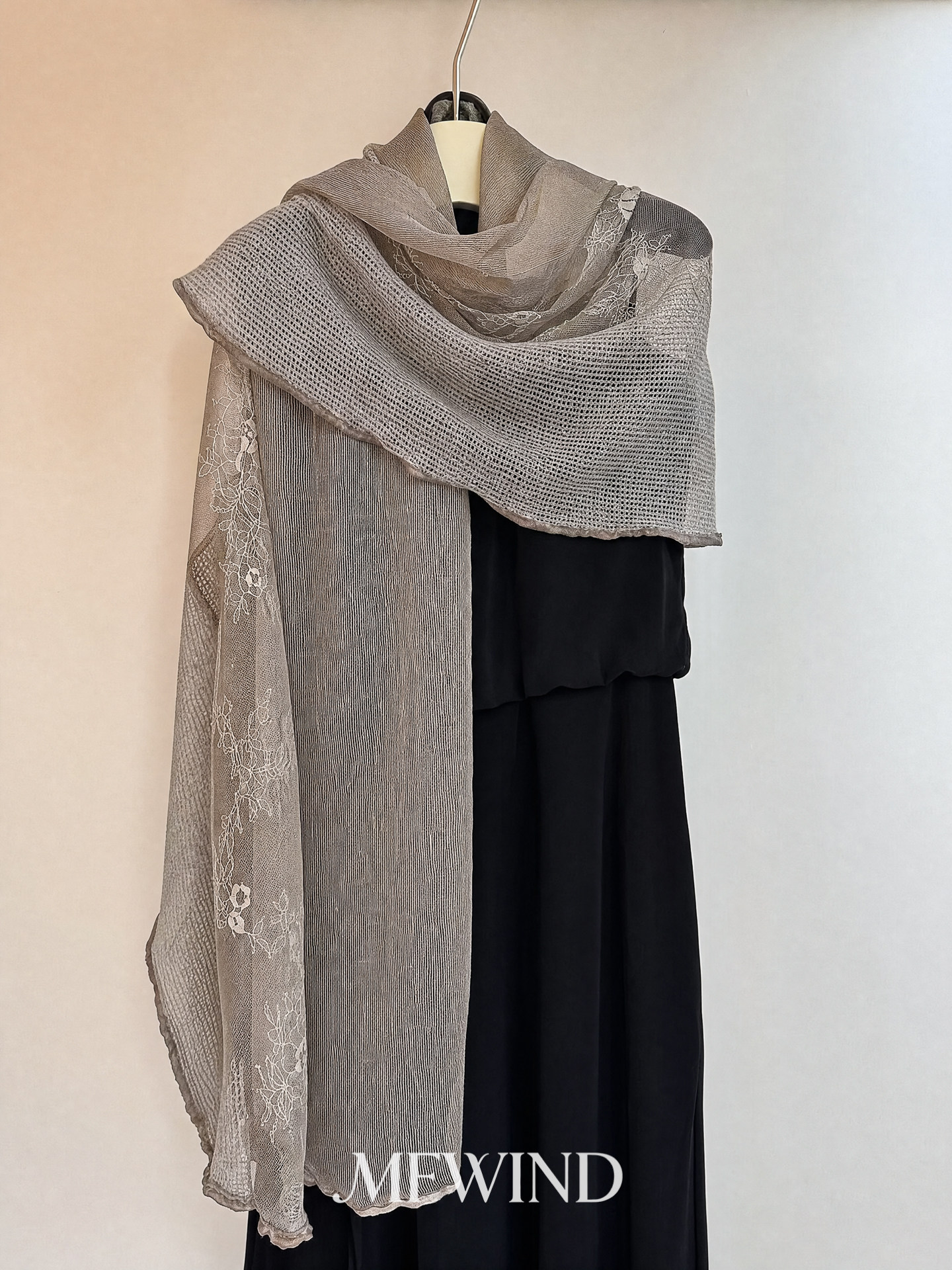 Relaxed and chic! Light brown lace mesh long scarf, thin and stylish, perfect for layering, exuding an elegant and sophisticated vibe.