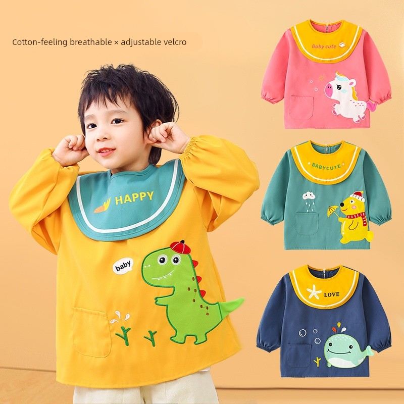 Baby smock, eating bib, autumn and winter children's long-sleeved waterproof, anti-dirty reverse dressing, baby rice pocket, kindergarten apron