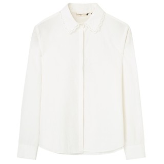 布景长袖衬衫女秋季新品简约文艺花边翻领直筒棉麻纯色衬衣0904