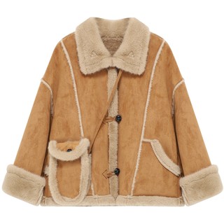 Basic House/百家好韩版翻领皮毛一体外套秋冬加厚毛毛上衣机车服