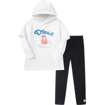 Balabala Girls Suit Long Sleeve Childrens Autumn Clothing Medium and Large Childrens Fake Two-piece Hooded Top Pants Sweet Print