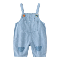 Girls summer pants 2024 new baby boys three-quarter straight pants casual summer childrens suspender jeans