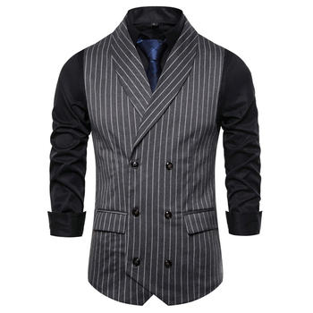 ລະດູໃບໄມ້ຫຼົ່ນໃຫມ່ Battle Collar Suit Vest Men's Retro Striped Large Size Sleeveless Groomsmen Suit Vest Double Breasted