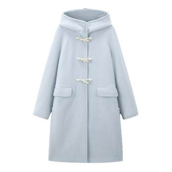 Leting korean girly style long hooded horn button coat for women winter sheep wool coat