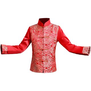 女童唐装男童中山装中国风绸缎儿童秀禾服红色拜年服中式花童礼服