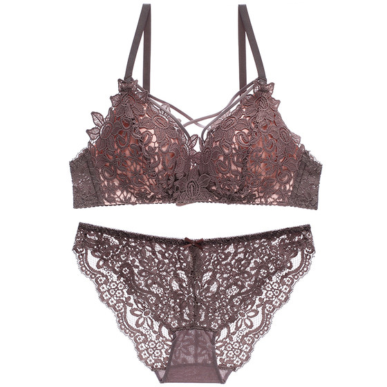 Thin -steel -free sexy lace underwear set Girl gathered cross with bra with bras, small bra, hot adjustment
