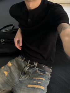 黑色亨利领正肩修身短袖男夏季美式痞帅风高级感t恤老钱风半袖男