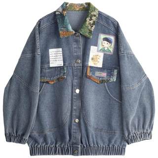 KEIKO 文艺感牛仔外套女25秋季复古提花蝴蝶结饰宽松夹克上衣春季