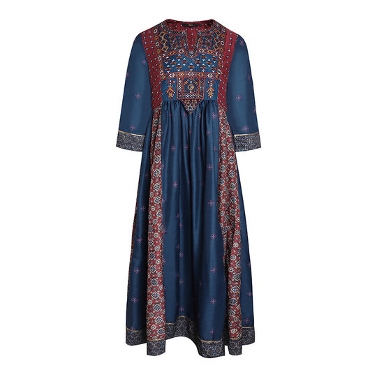 野人小饰 印度传统民族风印花绣花长款连衣裙 深蓝色气质复古