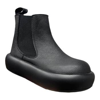 Yihao 2026 winter new style genuine leather warm sponge cake big round head doll chelsea boots plus velvet chimney short boots for women