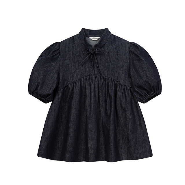 Denim Puff Sleeve Stand Collar Short Sleeve New Chinese Style Top for Women