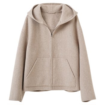 LUNAFUNG冯下文·燕麦色短款拉链羊毛双面呢外套女宽松连帽款大衣